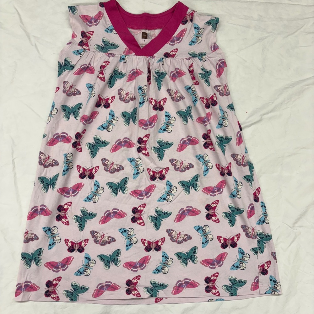 Tea Collection Girls Pink Blue Butterfly Cotton Jersey V-Neck Dress Size 7